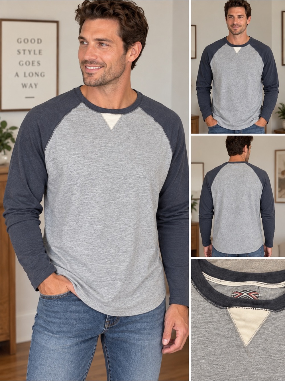 True Grit Raglan Long Sleeve T-Shirt Size XL Gray Navy Cotton